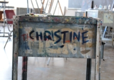 His "girlfriend" Christine is the apparatus that carries his uniquely made egg-based paints.